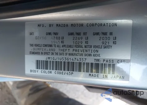 2016 Mazda Mazda6 I Sport from USA, damaged, VIN JM1GJ1U53G1474357